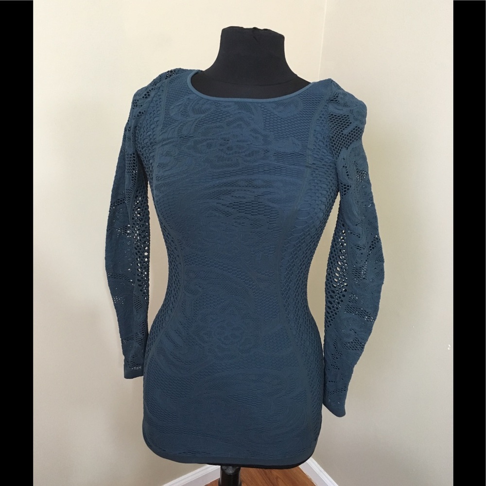 BEBE Lacelook Bodycon Teal Longsleeve Top. Size S